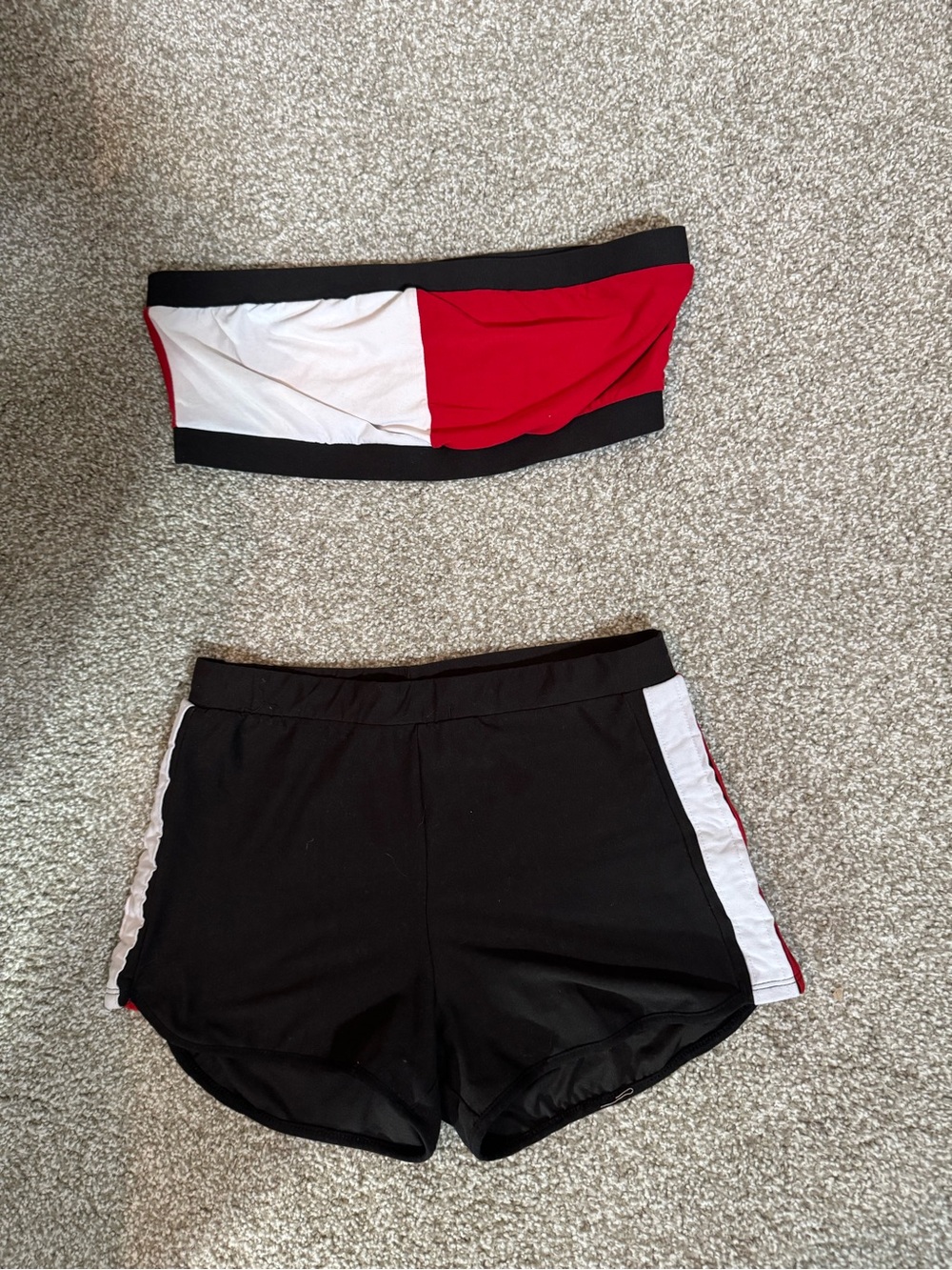 Fashion Nova Black with White & Red Tube Top and Hot Pants Shorts Set